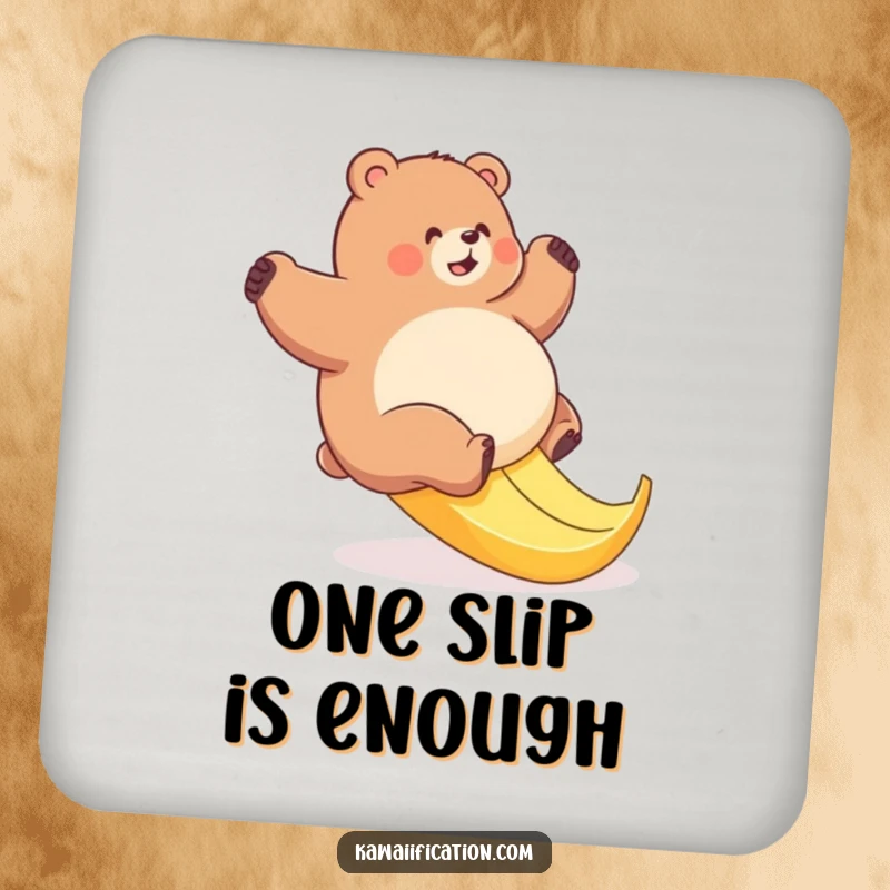 Funny bear banana slip drink coaster depicting a plump bear's comical struggle on a slippery banana peel, protecting surfaces.