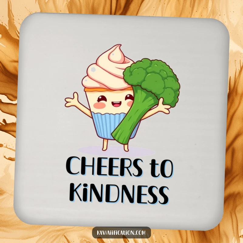 Funny happy cupcake with frosting arms hugging grumpy broccoli, a coaster featuring sweet and grumpy cartoon food, perfect for a funny gift.
