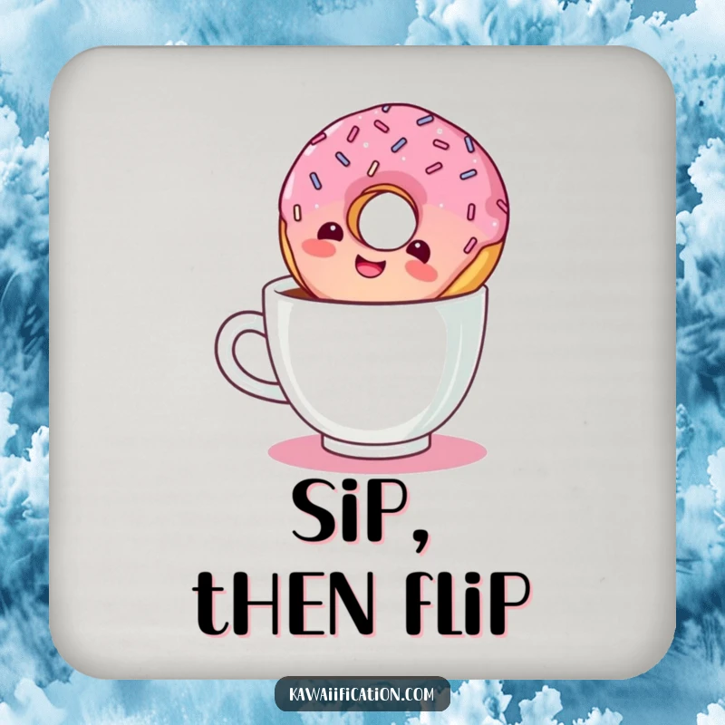 Funny drink coaster featuring a giggling donut with sprinkles floating upside down in a coffee cup.