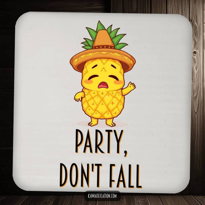 Funny coasters depicting a bewildered pineapple character with a sombrero, comically attempting to limbo, adding tropical humor.
