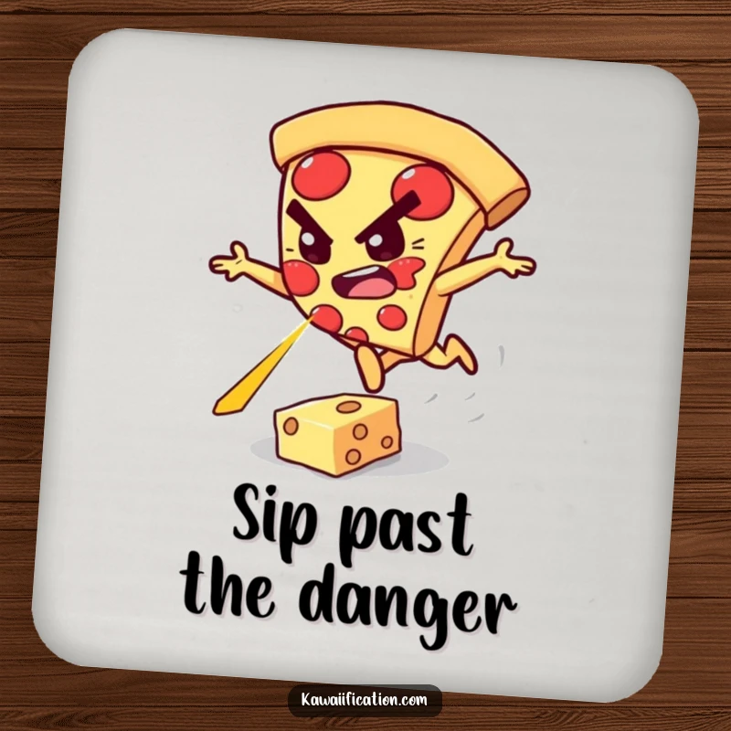 Funny coaster featuring a determined pizza slice character leaping over a glowing cheese laser.