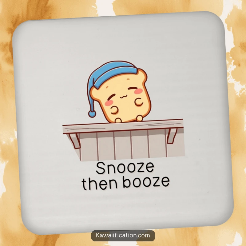 Funny sleepy bread loaf wearing a nightcap, falling off a shelf, a coaster featuring a comical sleeping cartoon, perfect for a funny gift.