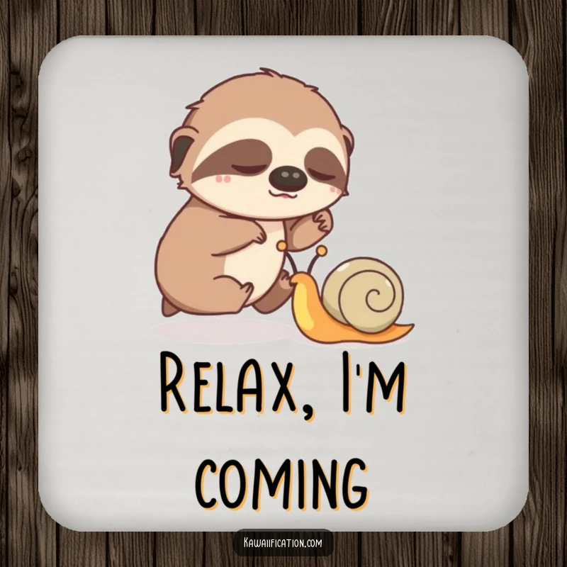 Funny drink coasters depicting a sleepy sloth humorously racing a speedy snail, protecting surfaces with style.