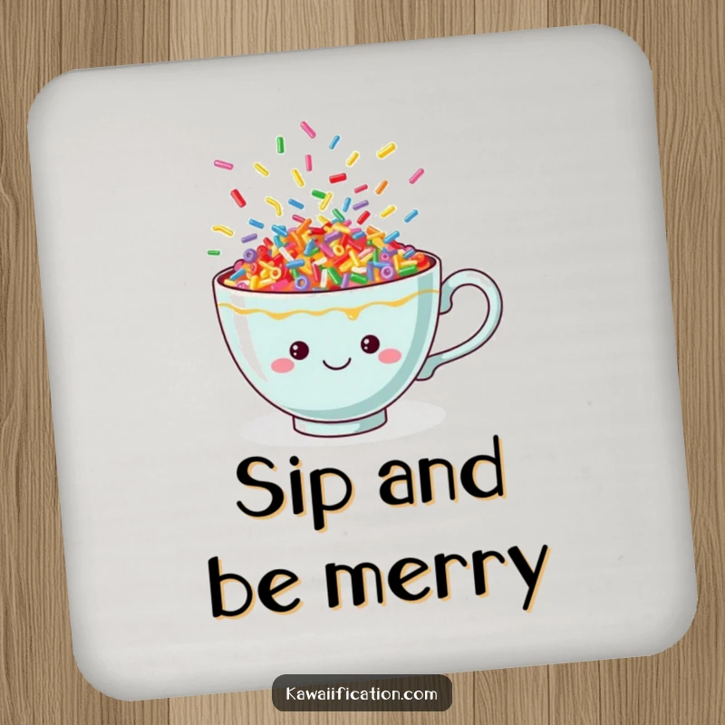 Funny sprinkle teacup drink coaster showcasing a cheerful cup with vibrant, dancing sprinkles, protecting surfaces with style.