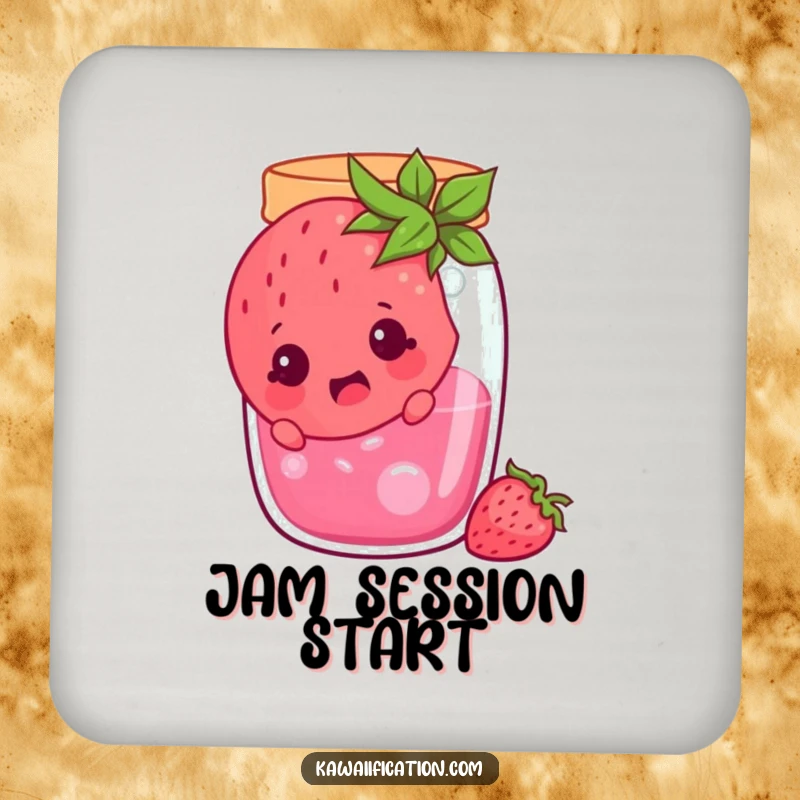 Funny cheerful strawberry stuck in a jam jar, looking surprised, a coaster featuring a comical fruit character, perfect for a funny gift.
