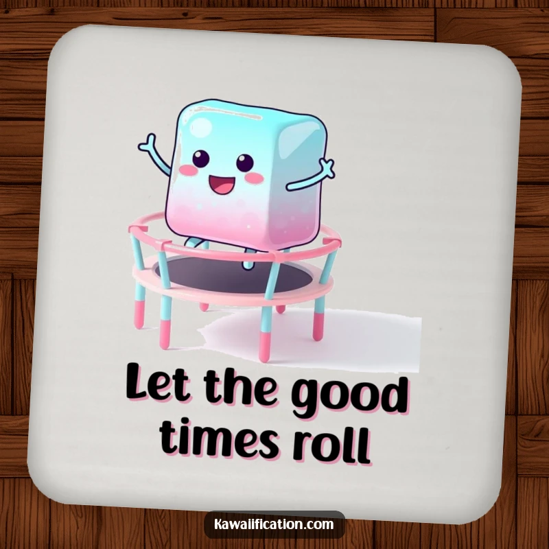 Funny coasters featuring a happy jelly cube character bouncing on a candy trampoline, providing a sweet and protective layer for drinks.