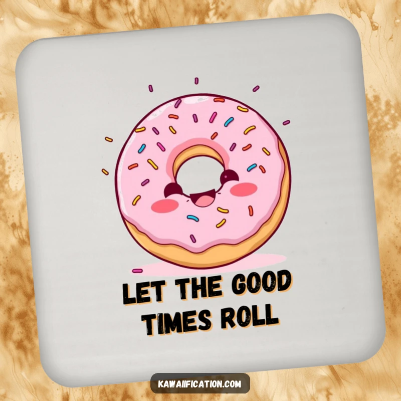 Funny Donut Confetti Coaster graphic of a delighted donut character with sprinkles falling like confetti, a delightful table protector.