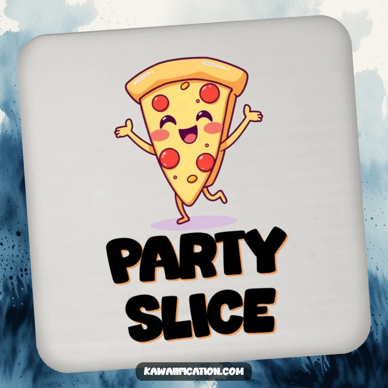 Funny drink coasters showcasing a pizza slice character in a cheerful dance, adding humorous flair to your tabletop.