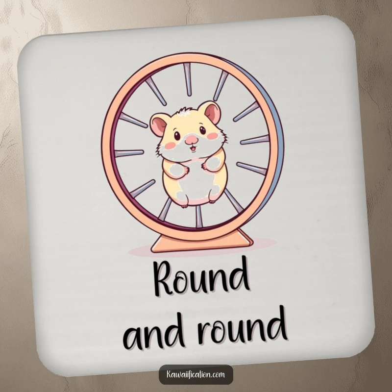 Funny Drink Coaster featuring a hamster trapped in a large, spinning wheel, adding a humorous touch to drink protection.