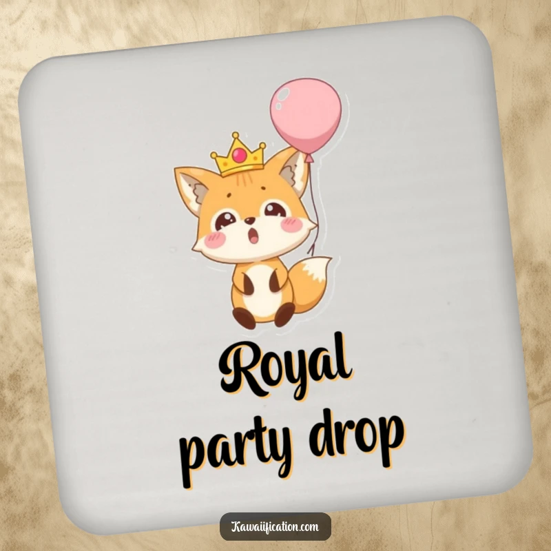 Funny coaster showcasing a surprised fox wearing a tiny crown, falling out of a balloon, protecting surfaces with royal humor.