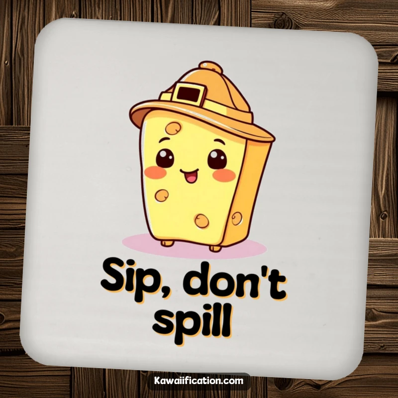 Funny cheese slice wearing a detective hat, acting as a humorous drink coaster.