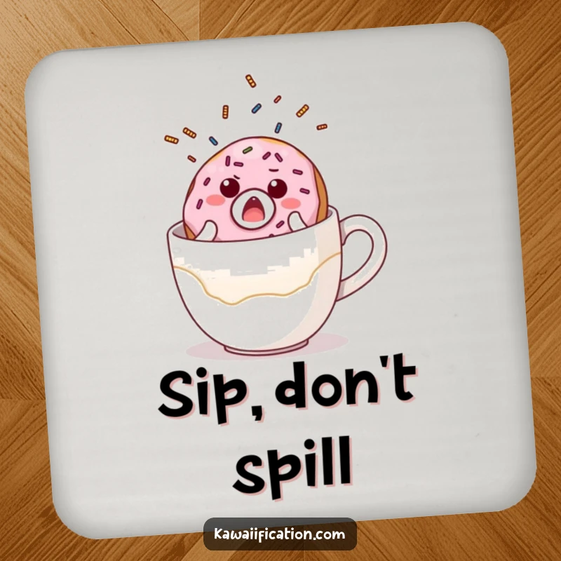 Funny coasters depicting a surprised donut character with sprinkles flying, comically falling off a giant coffee cup, adding breakfast humor.