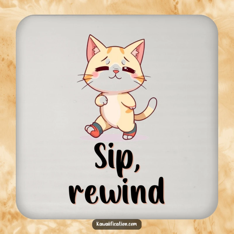 Funny drink coaster set depicting a confused cat humorously wearing mismatched socks and walking backward, adding whimsy to tables.