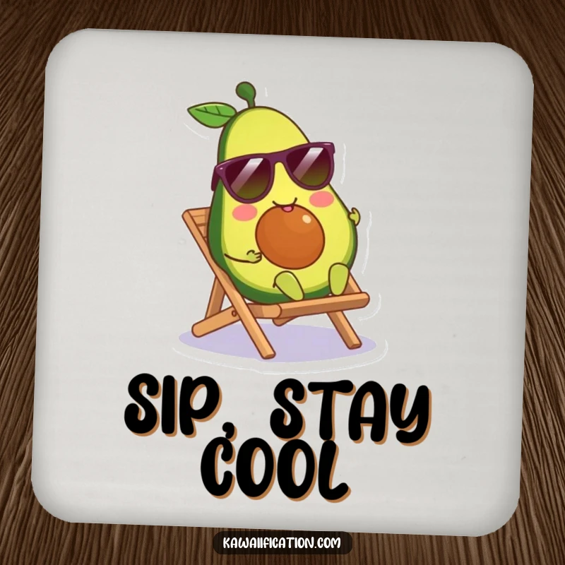 Funny smiling avocado character wearing sunglasses, lounging on a tiny beach chair, featured on a protective drink coaster.
