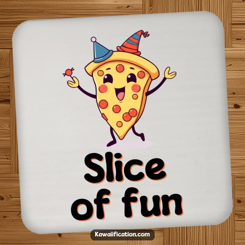 Funny drink coasters featuring a pizza slice character juggling slices, each with a tiny hat, adding festive and humorous flair to surfaces.