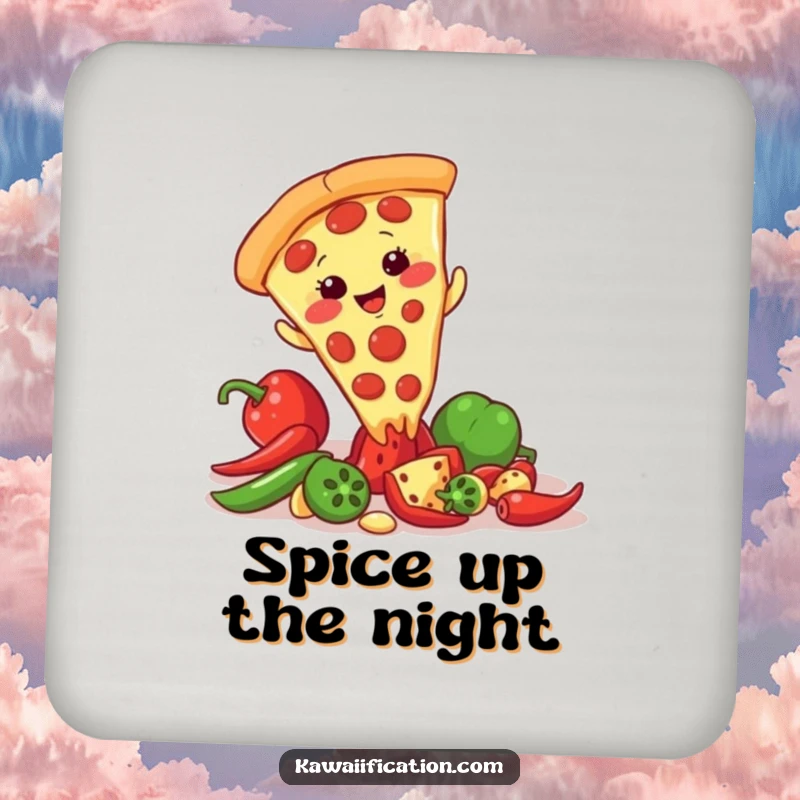 Funny coaster showcasing a giggling pizza slice character slipping on a scattered pepper, protecting surfaces with culinary humor.