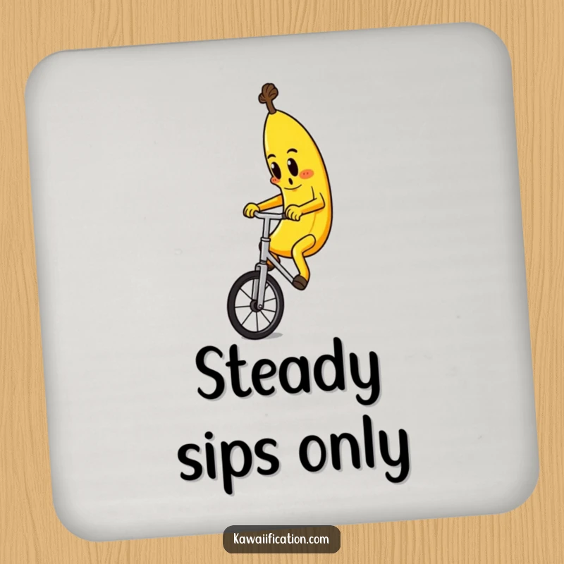 Funny drink coaster set with a determined banana character riding a unicycle, designed to add humor to any table.