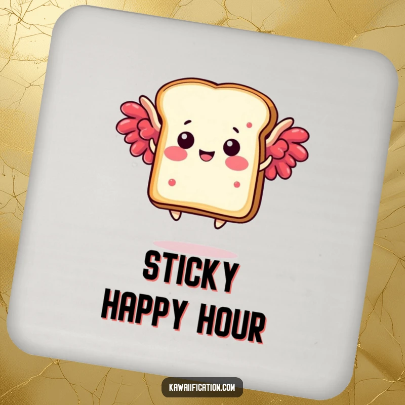 Funny drink coaster set depicting a happy toast slice with jam wings humorously flying, bringing breakfast cheer to tables.