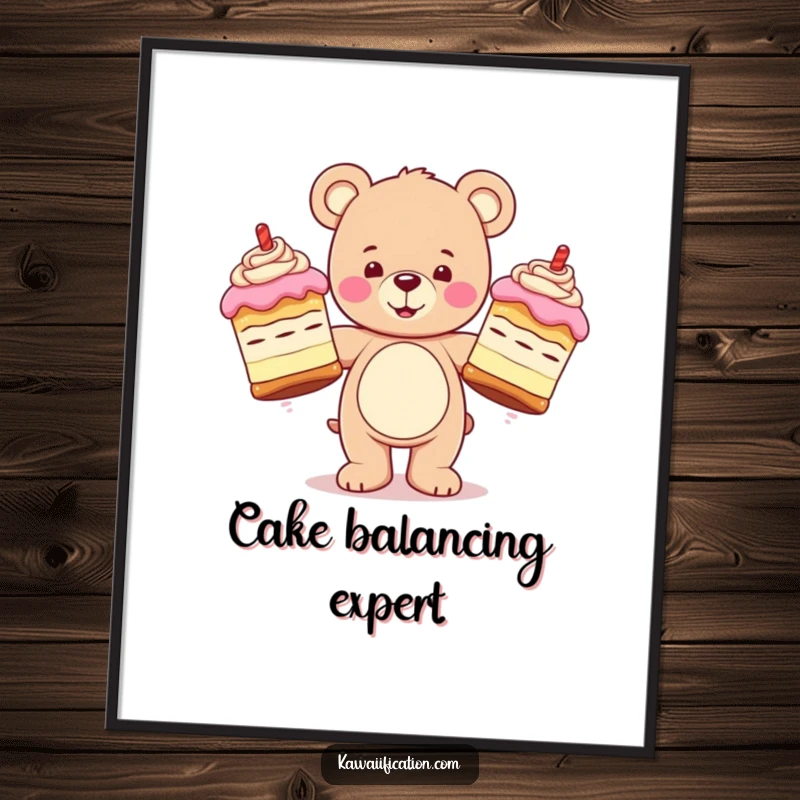 Funny poster showing a happy teddy bear character juggling three oversized, wobbly cakes, creating a whimsical and humorous piece of art.