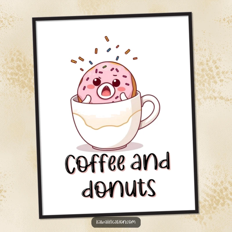 Funny poster featuring a surprised donut character with sprinkles flying, comically falling off a giant coffee cup, full of breakfast chaos.