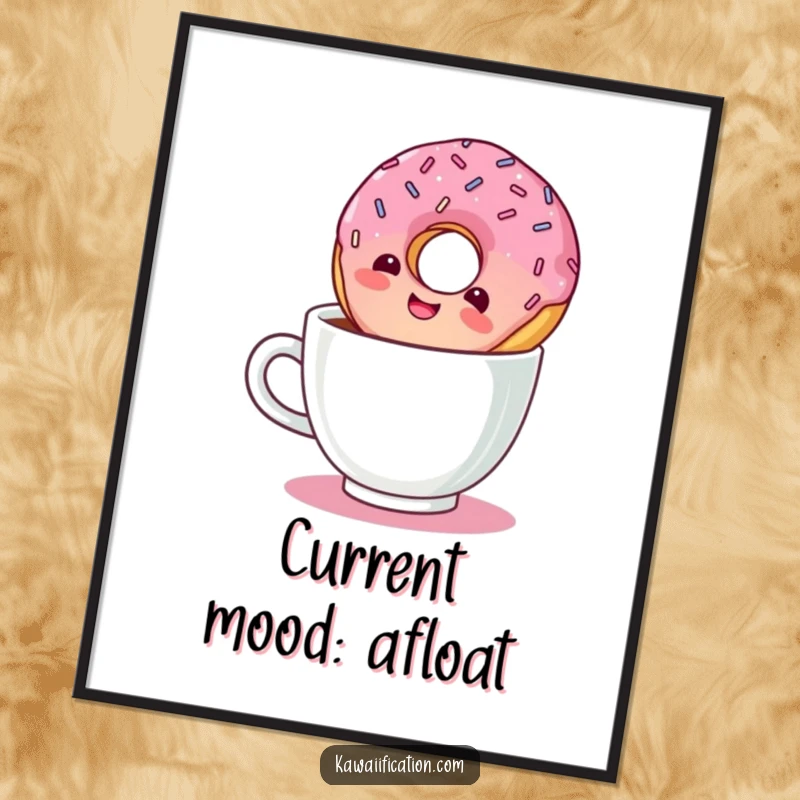 Funny wall art poster print of a giggling donut with sprinkles, happily floating upside down in a coffee cup.
