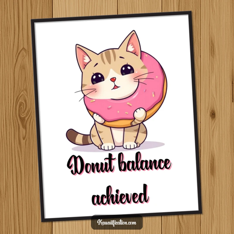 Funny wobbly cat attempting to balance a giant donut on its nose, presented as a charming wall art poster.