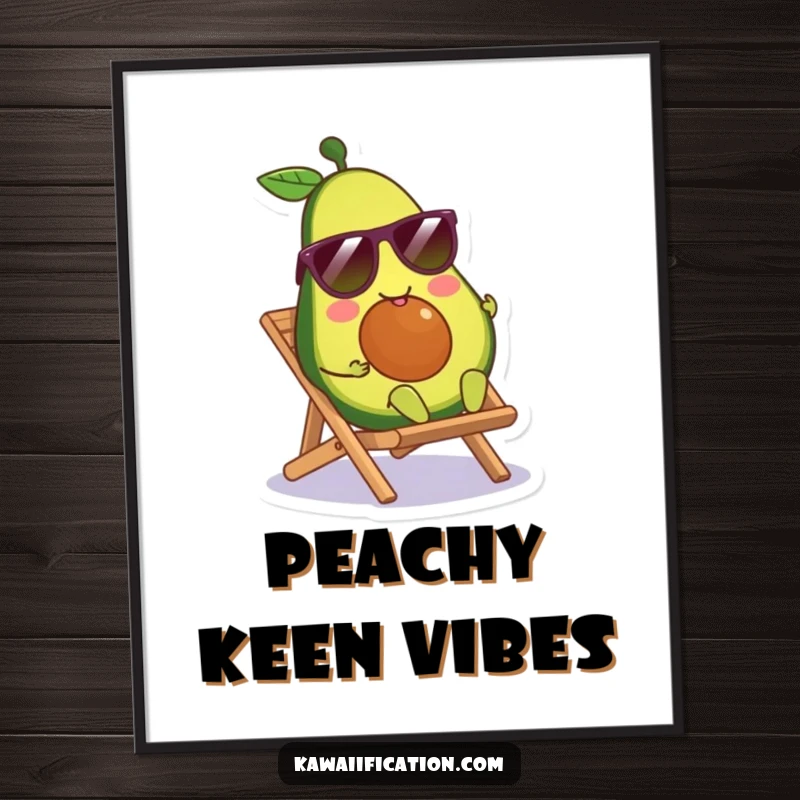 Funny smiling avocado character wearing sunglasses, lounging on a tiny beach chair, presented as a vibrant wall art poster.