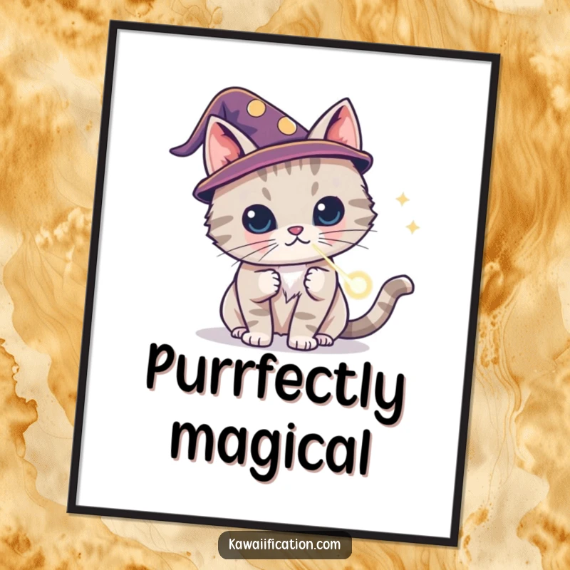 Funny cat wizard poster wearing a tiny hat, conjuring a laser dot, magical feline art for any room, ideal funny gift.