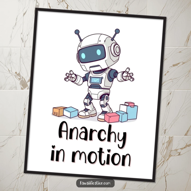 Funny poster featuring a comical clumsy robot character mid-dance, accidentally causing a chaotic spill of household items.