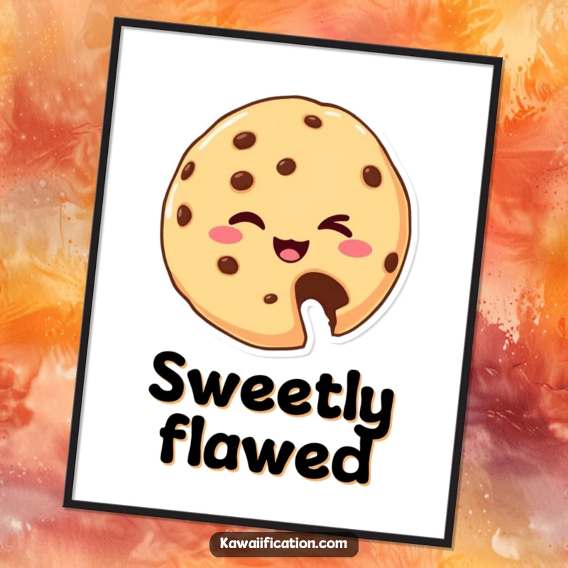 Funny Poster: A sweet cookie character with a missing bite, displaying a playful wink. Humorous wall art for any room.