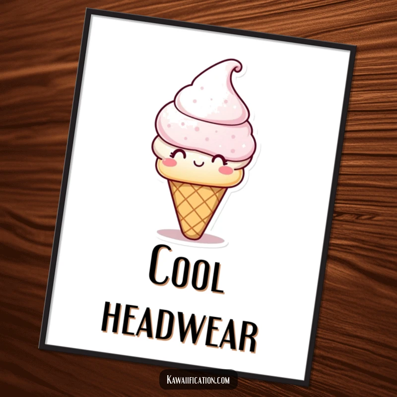 Funny Poster: A cheerful ice cream cone character wearing a hat, offering a playful vibe. Humorous and sweet wall art.