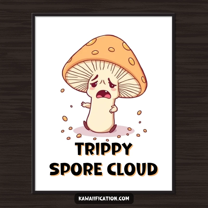 Funny nervous mushroom character tripping over its own cap, scattering spores, presented as a charming wall art poster.