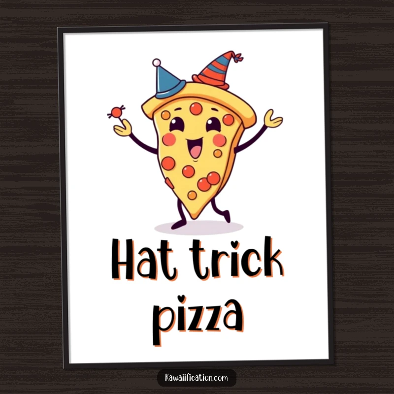 Funny poster featuring a pizza slice character juggling slices, each adorned with a tiny hat, adding festive and humorous wall art.