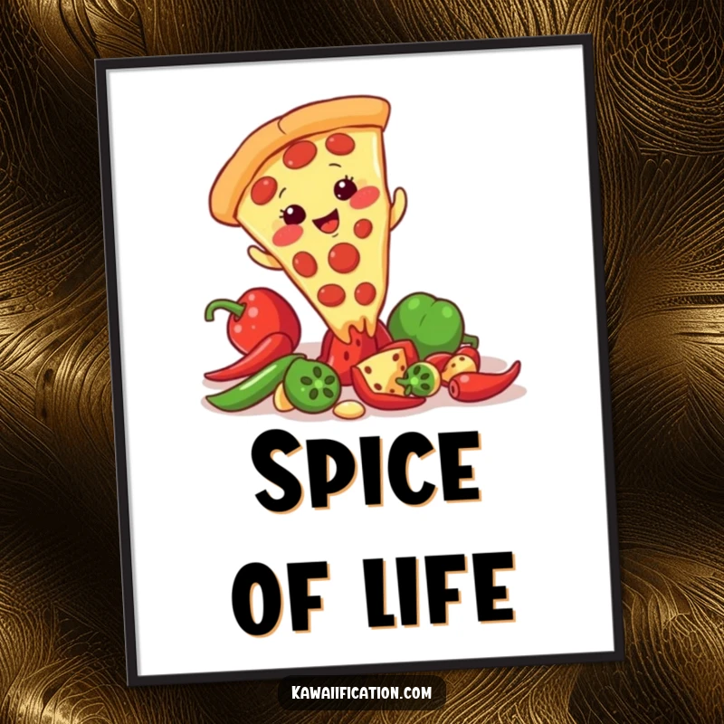 Funny poster showing a giggling pizza slice character hilariously slipping on a scattered pepper, creating a whimsical and humorous food-themed display.