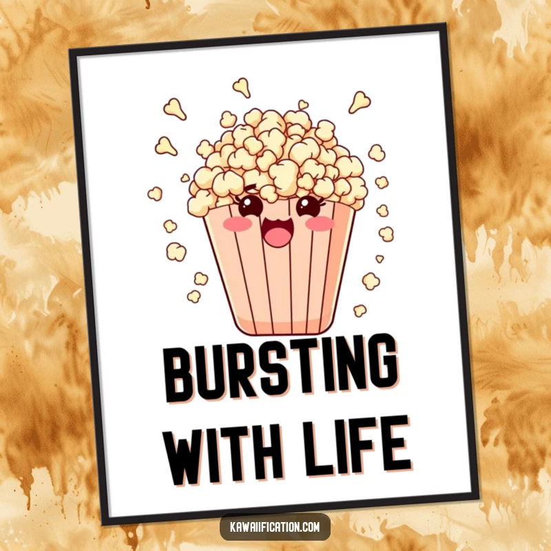Funny poster art showing a bag of popcorn comically bursting with kernels, symbolizing pure, energetic delight.