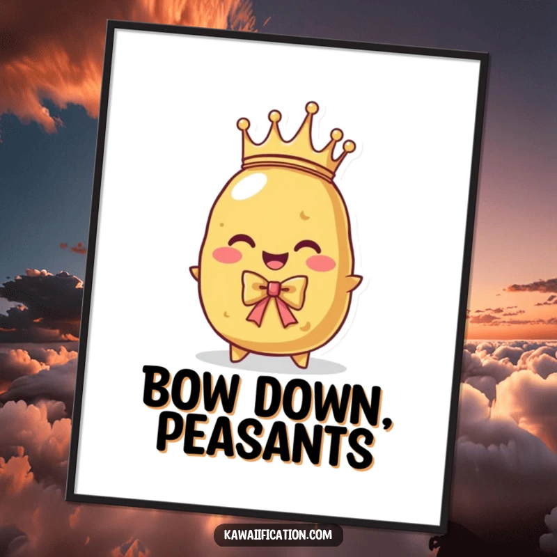 Funny poster print of a potato character wearing a tiny crown, bowing regally. Noble and humorous wall art.