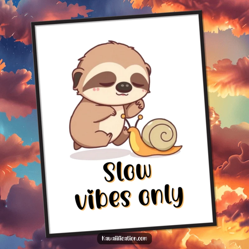 Funny poster print of a sleepy sloth humorously competing in a slow race against a speedy snail.