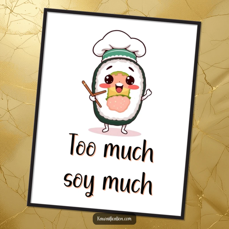 Funny poster of a cheerful sushi roll character wearing a chef hat, comically juggling chopsticks, adding a touch of playful art.