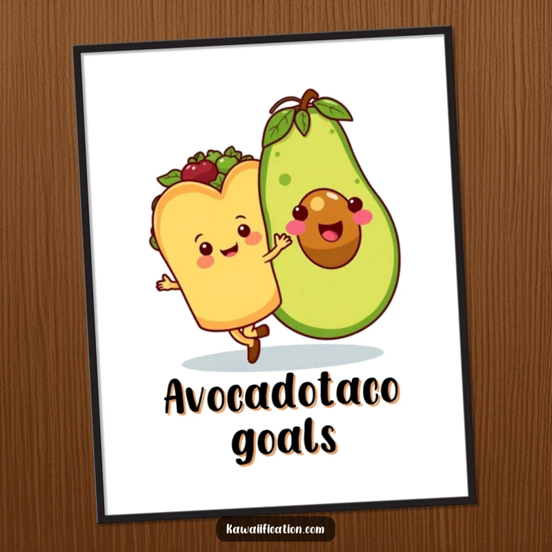 Funny poster showcasing a happy taco character waltzing with a beaming avocado, adding a touch of playful food art and humor to any wall.