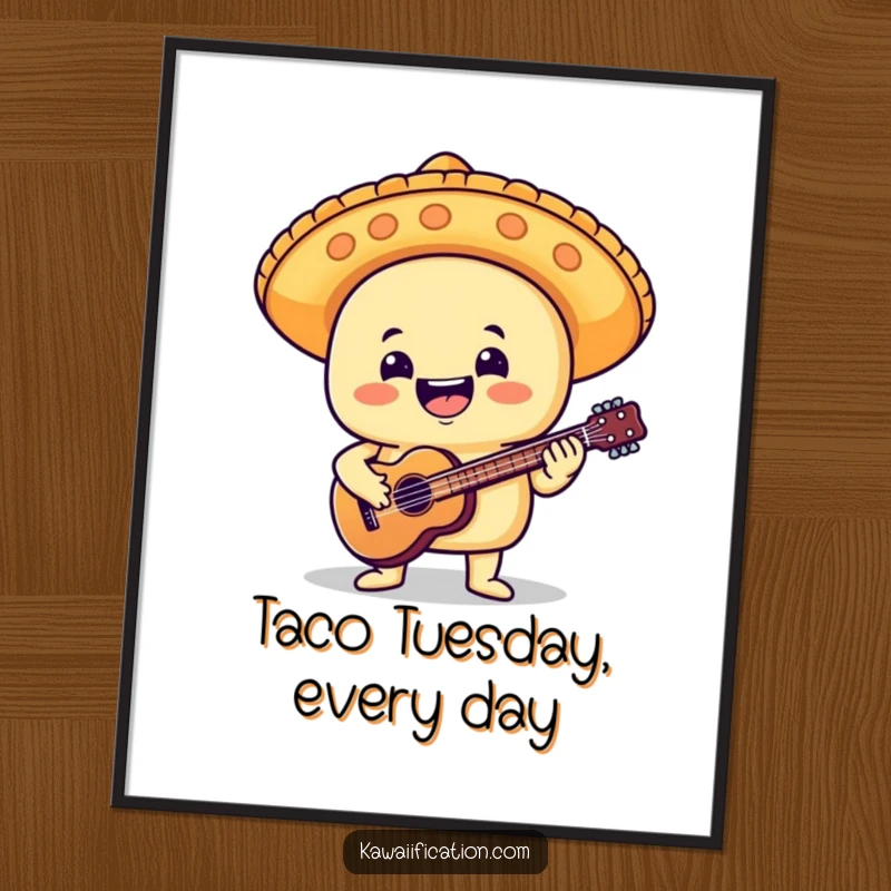 Funny poster featuring a delighted taco character in a mariachi hat, enthusiastically playing a tiny guitar, creating a lively fiesta scene.