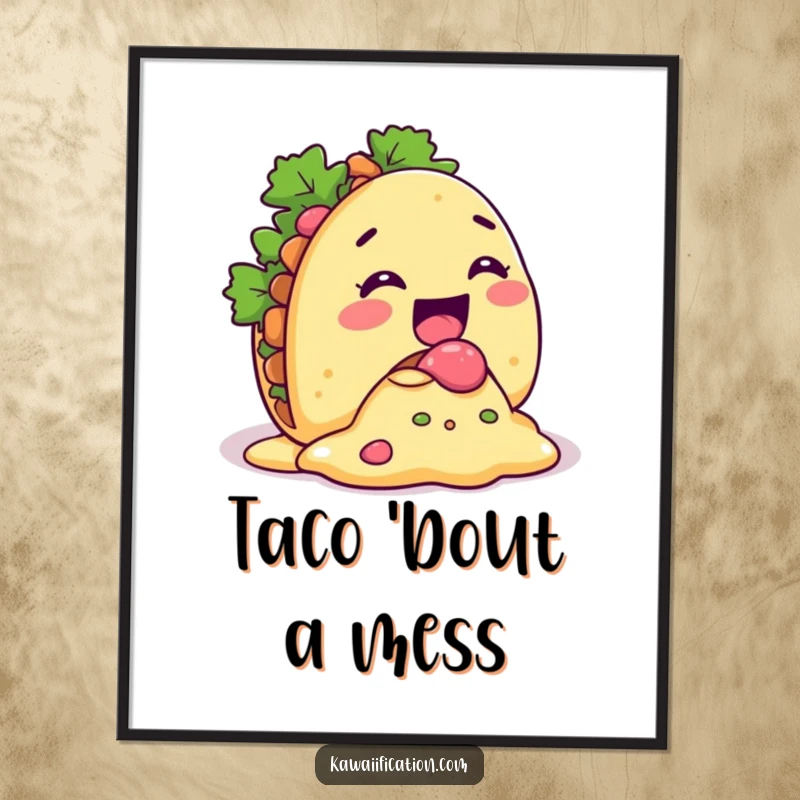 Funny Taco Spill Poster print of a giggling taco character with its filling comically spilling out, adding comical and appetizing decor.