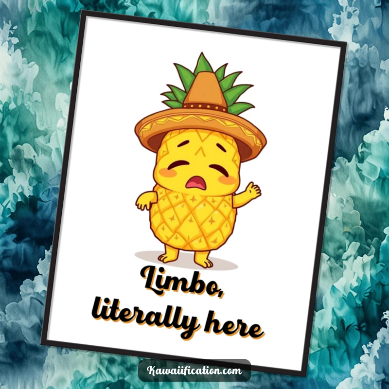 Funny poster featuring a bewildered pineapple character wearing a tiny sombrero, comically attempting to limbo, full of party energy.