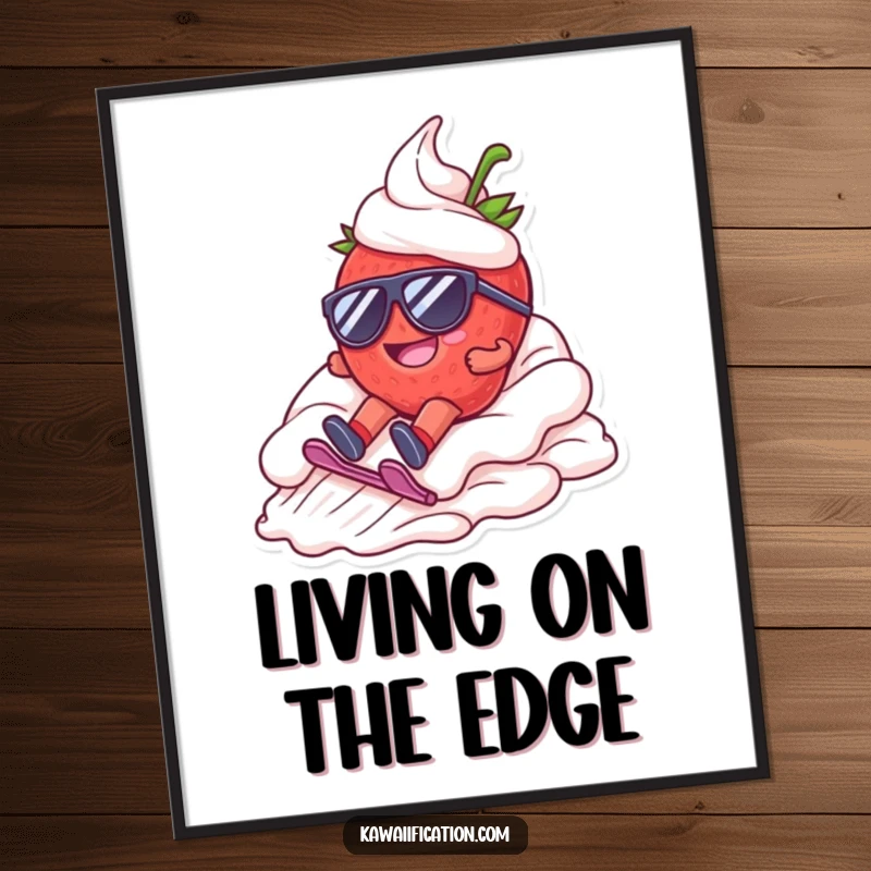 Funny poster featuring a happy strawberry character wearing sunglasses, dramatically sliding down a whipped cream mountain, full of summer joy.