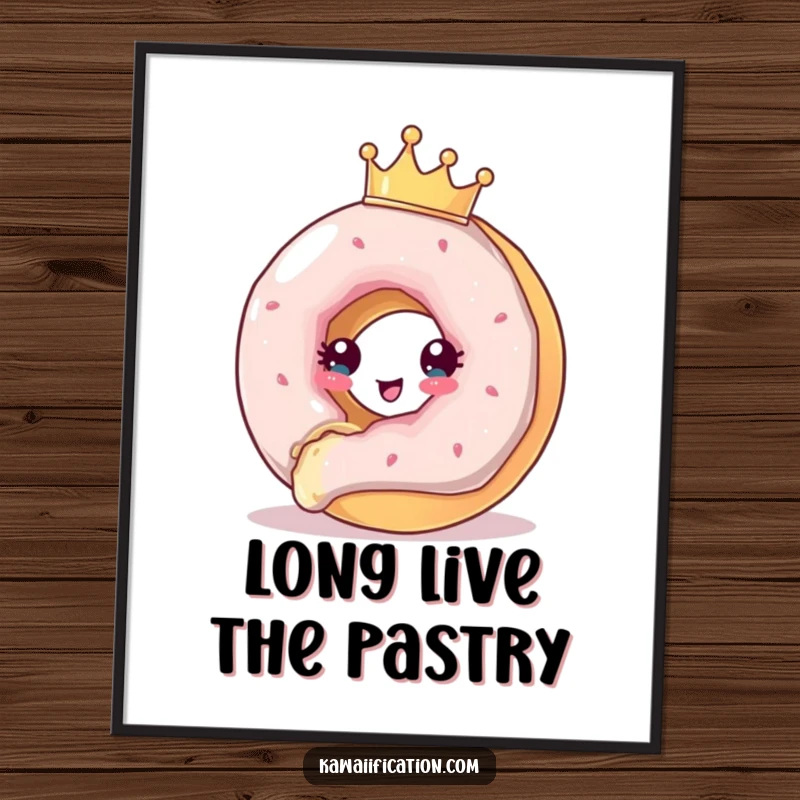 Funny Poster artwork of a crowned donut in mid-escape from a bite, adding a whimsical and humorous narrative to your decor.