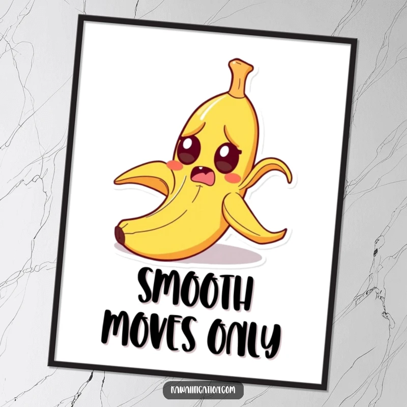 Funny startled banana peel slipping on itself with wide eyes, humorous cartoon wall art, ready to frame for a funny gift.