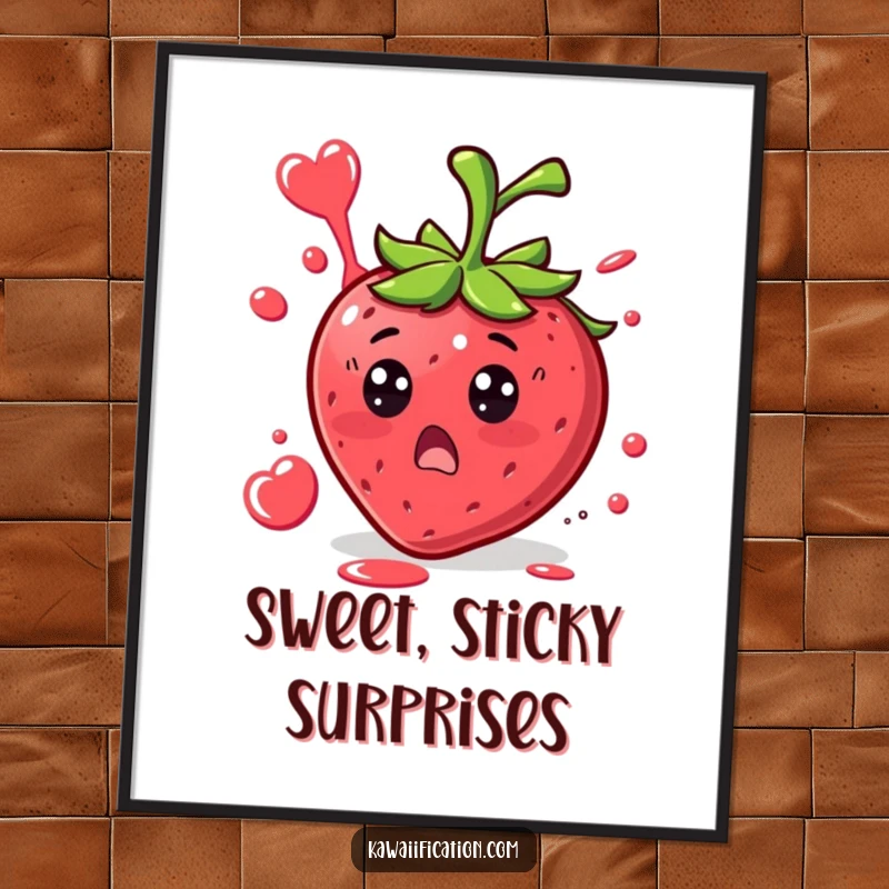 Funny Strawberry Surprise Poster print of a surprised strawberry character with juice splattering in a funny shape, adding comical decor.
