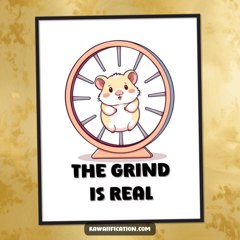 Funny Poster art showcasing a hamster running frantically inside a huge, spinning wheel, representing the cycle of daily effort.