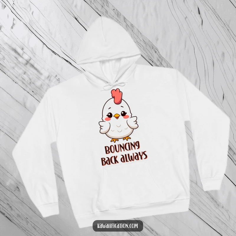 Funny Hoodie illustration of a rubber chicken, slightly flattened but beaming with a smile, bringing warmth and humor.