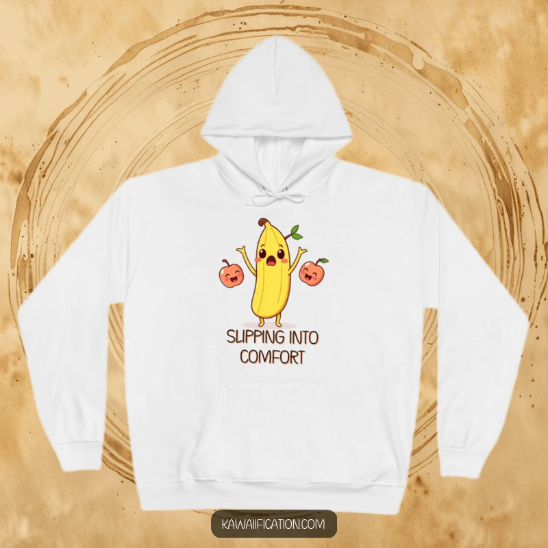 Funny surprised banana peel juggling laughing apples on a warm hoodie, perfect for casual wear and spreading laughter.