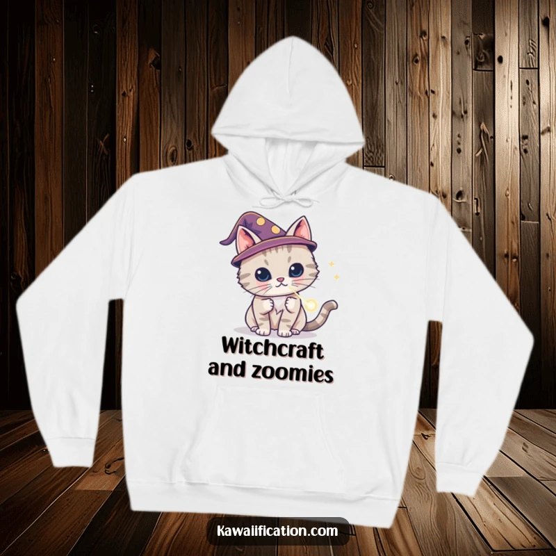 Funny cat wizard hoodie wearing a tiny hat, conjuring a laser dot, cozy and magical feline wear, great funny gift.